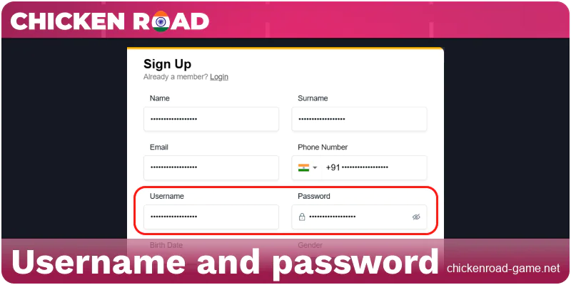 Set up your username and a secure password for your Chicken Road IN profile